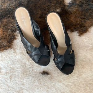 Black leather wedges